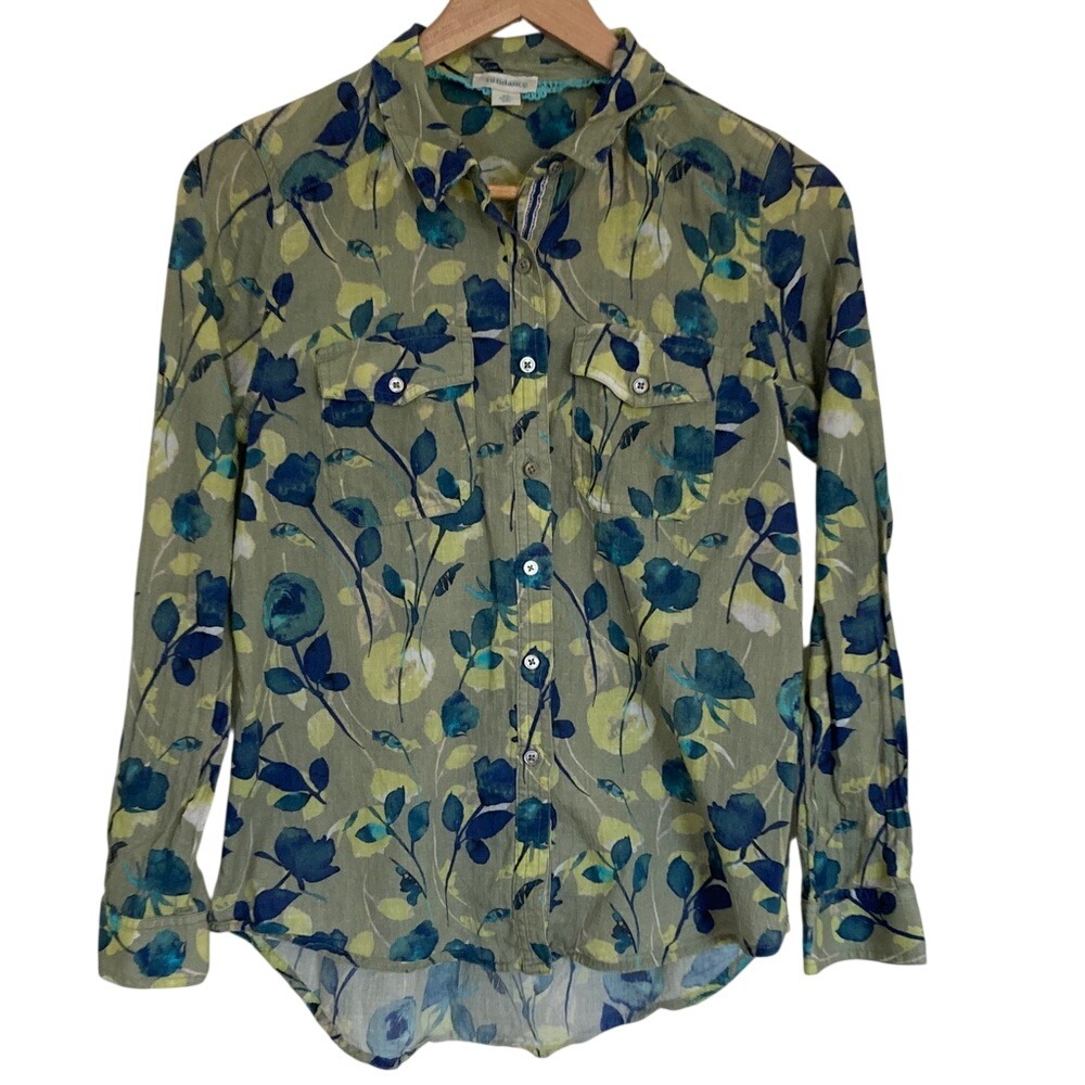 Sundance Womens Light Blue Green‎ Cotton Floral Button-Up Shirt Size XS Cottage